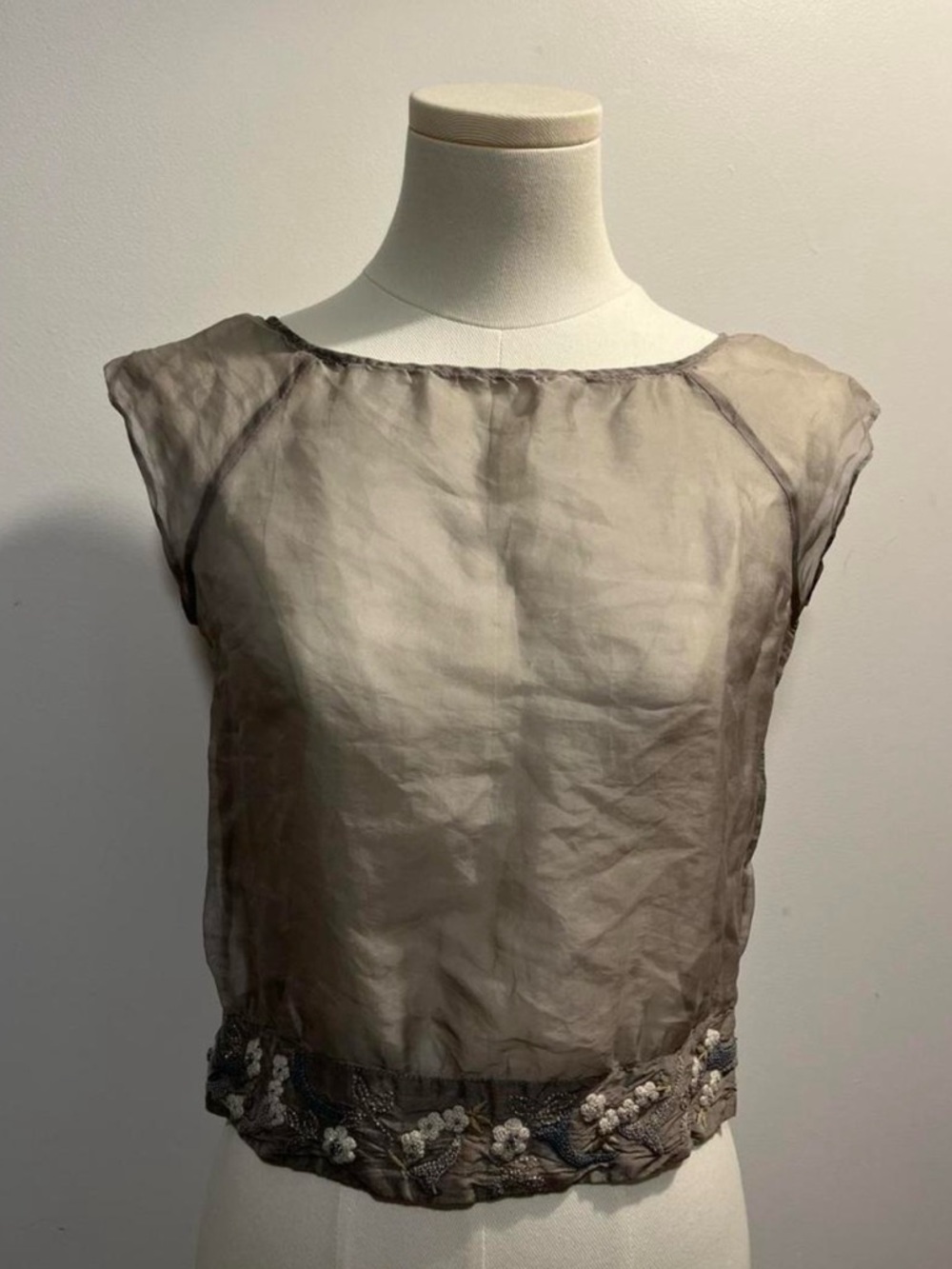 Sheer Silk Organza Embroidered
Hem Top XS Abalone Button
Romantic Minimalist
